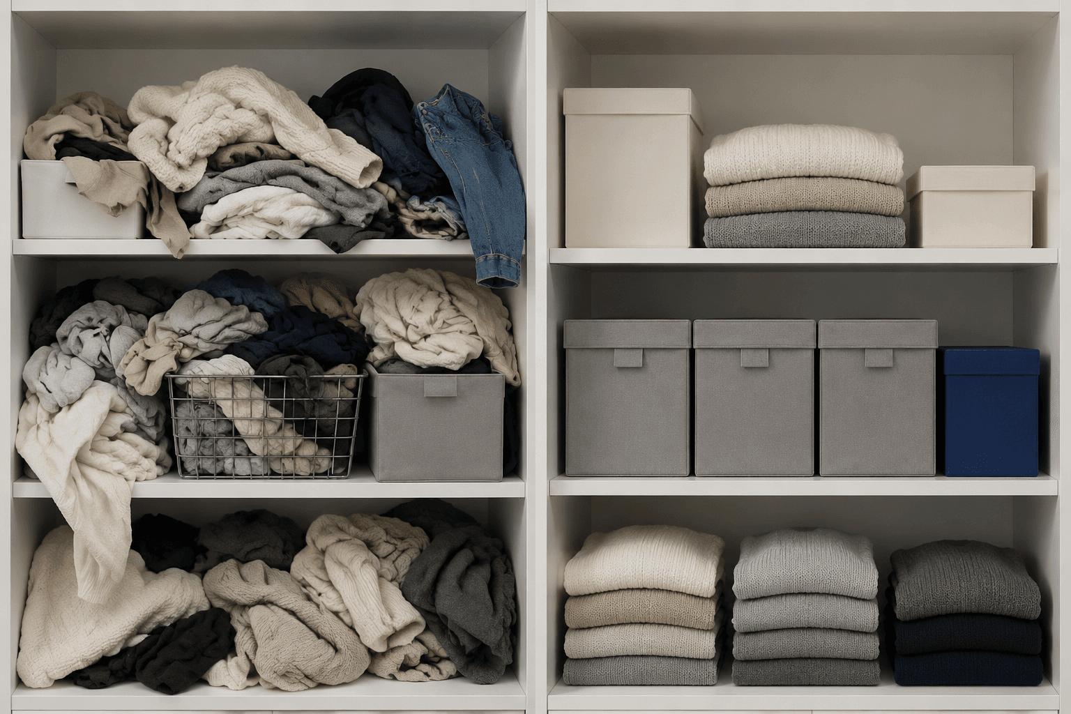 Closet — boxes, labelled and stacked