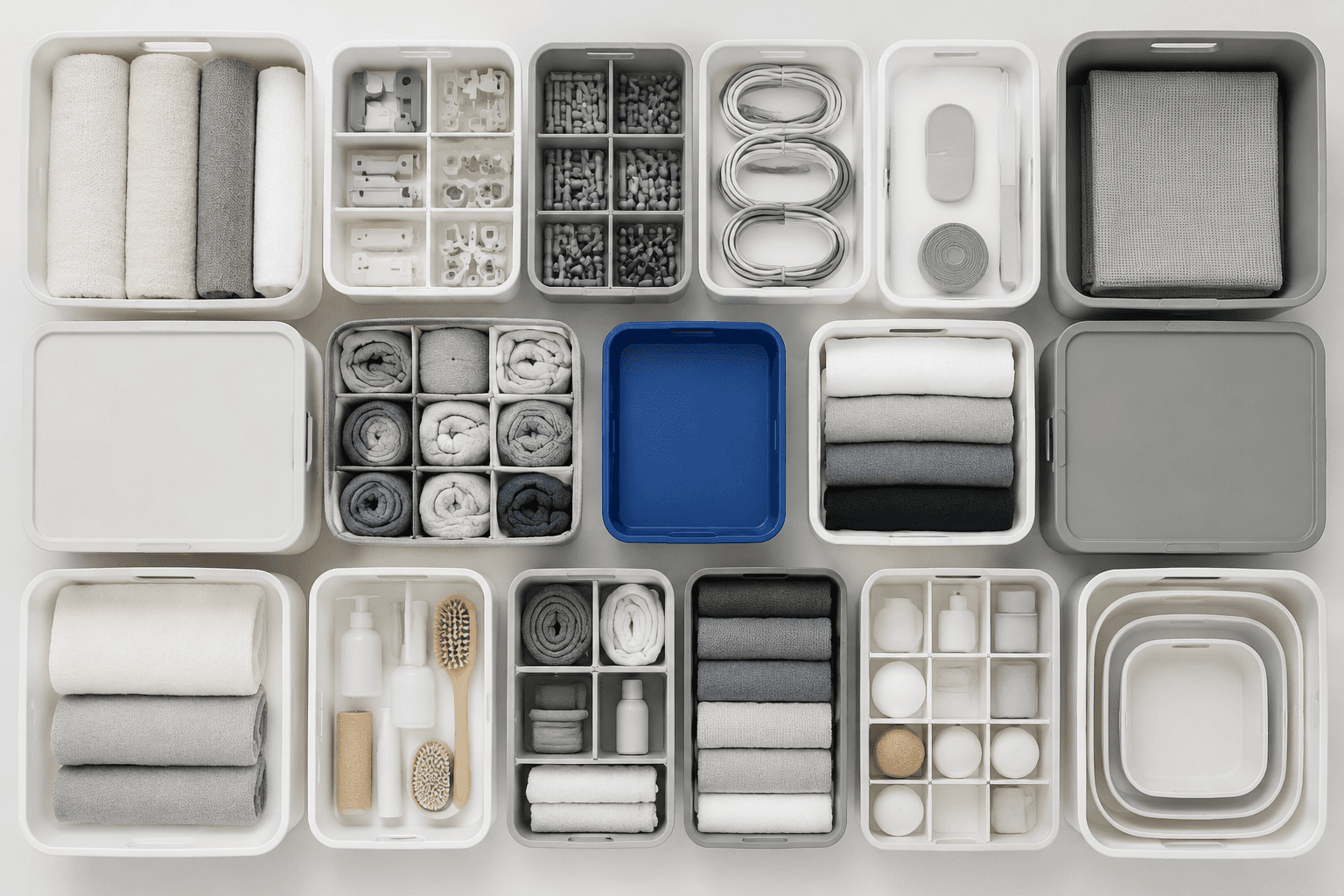 Overhead grid of neatly organised storage boxes